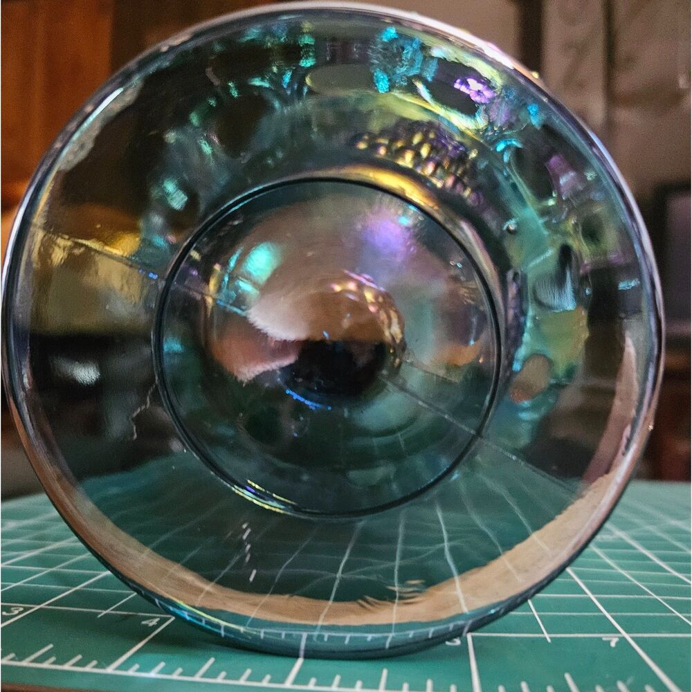 Vintage Peacock Teal Carnival Glass Covered Candy Dish Compote Pinecone Lid - Picture 3 of 5